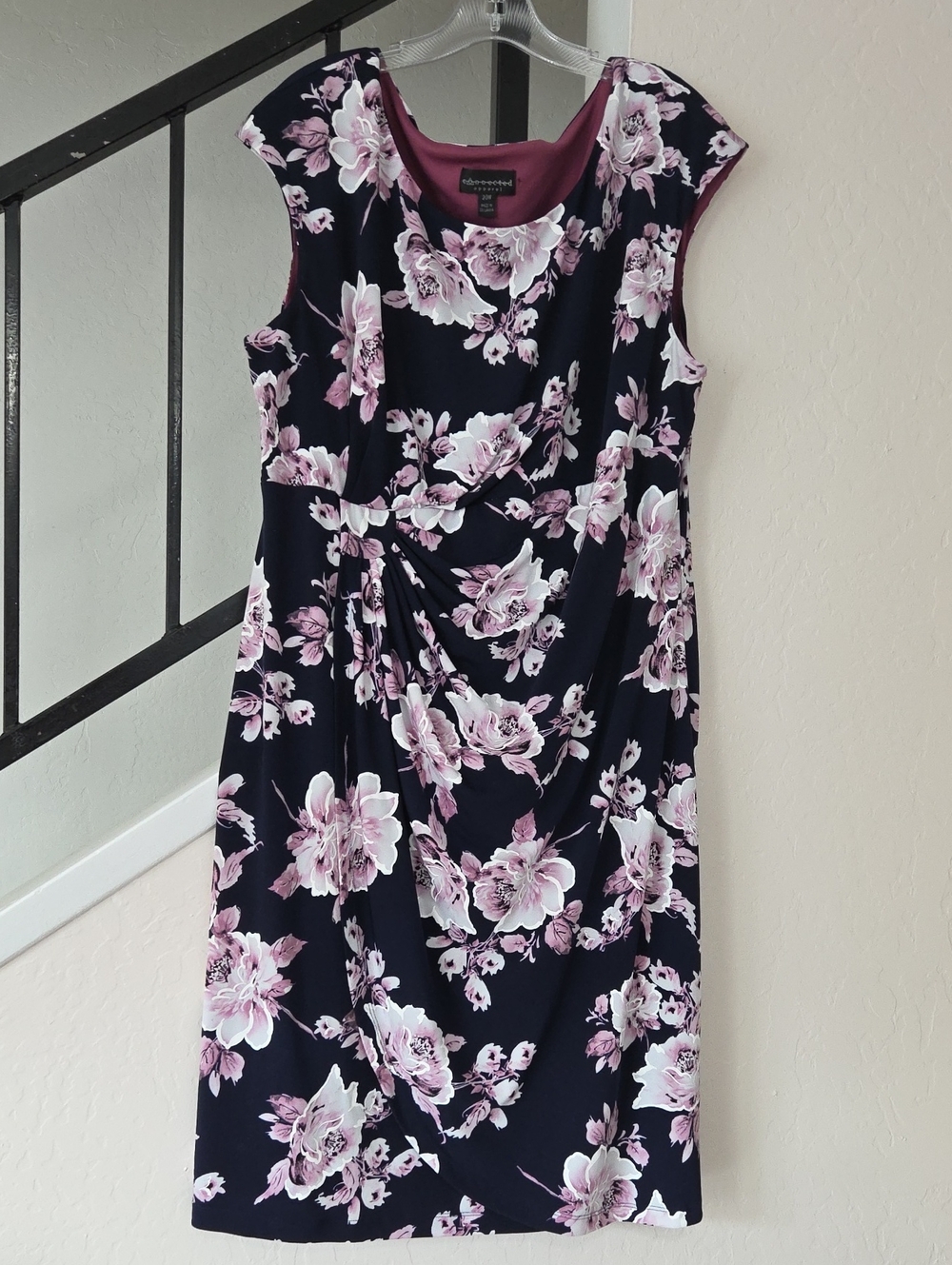connected apparel Navy Midi Dress with Lavender & White Floral Print Size 20W